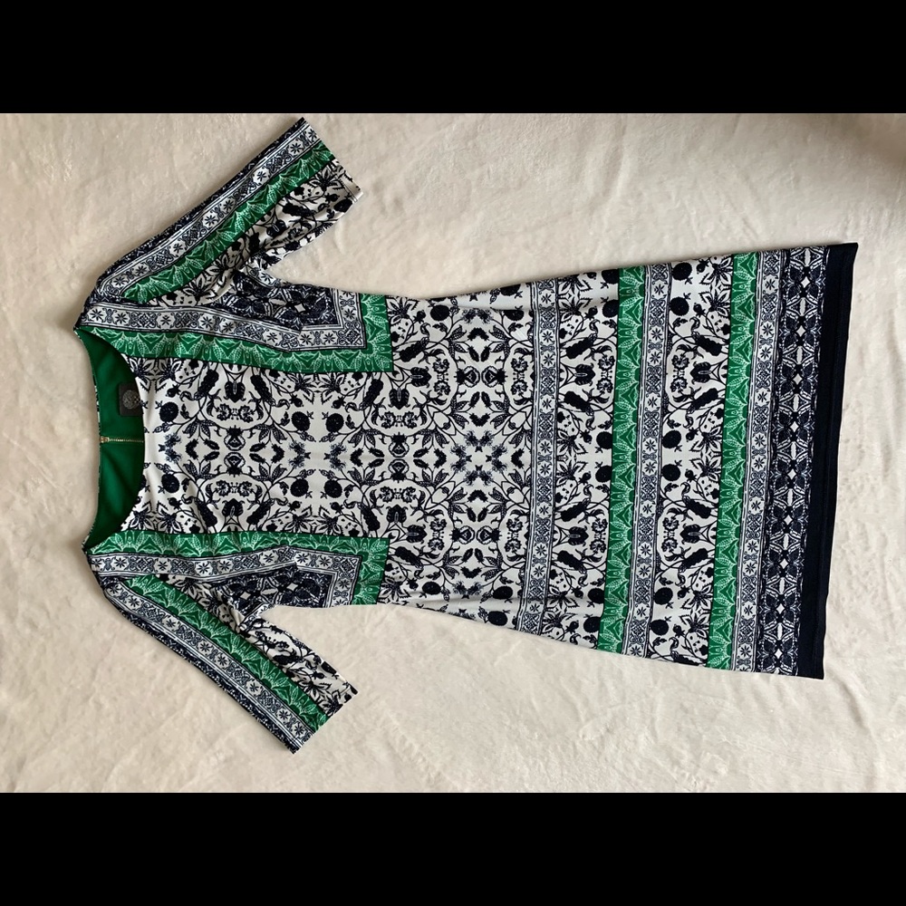 Vince Camuto navy blue and green print dress